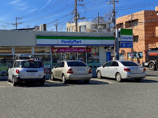 ファミリーマート堰三丁目店(広々とした駐車場があります。時間を問わず、幅広い品物が揃うコンビニ。いまや買物だけではなく、行政、銀行、民間サービス等充実の重要施設。)